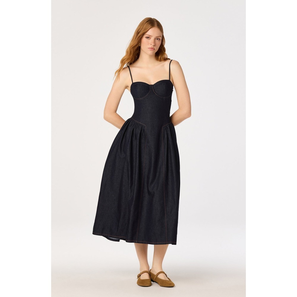ASTR Margaux The Label Dark Wash Denim Bustier Midi Dress XS ADR103311 Blue